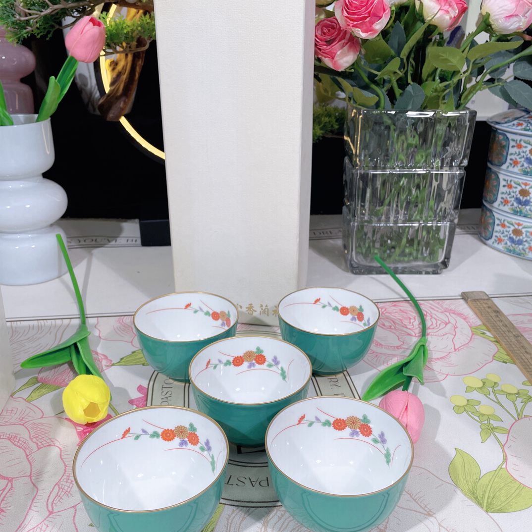 香兰社绿釉细兰花五只杯子小茶杯
