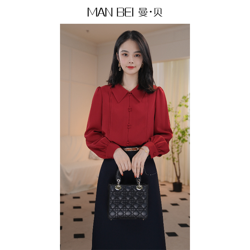 【小陈专属】8493252欧若风红酒佳人酒红色衬衫女士显瘦高级