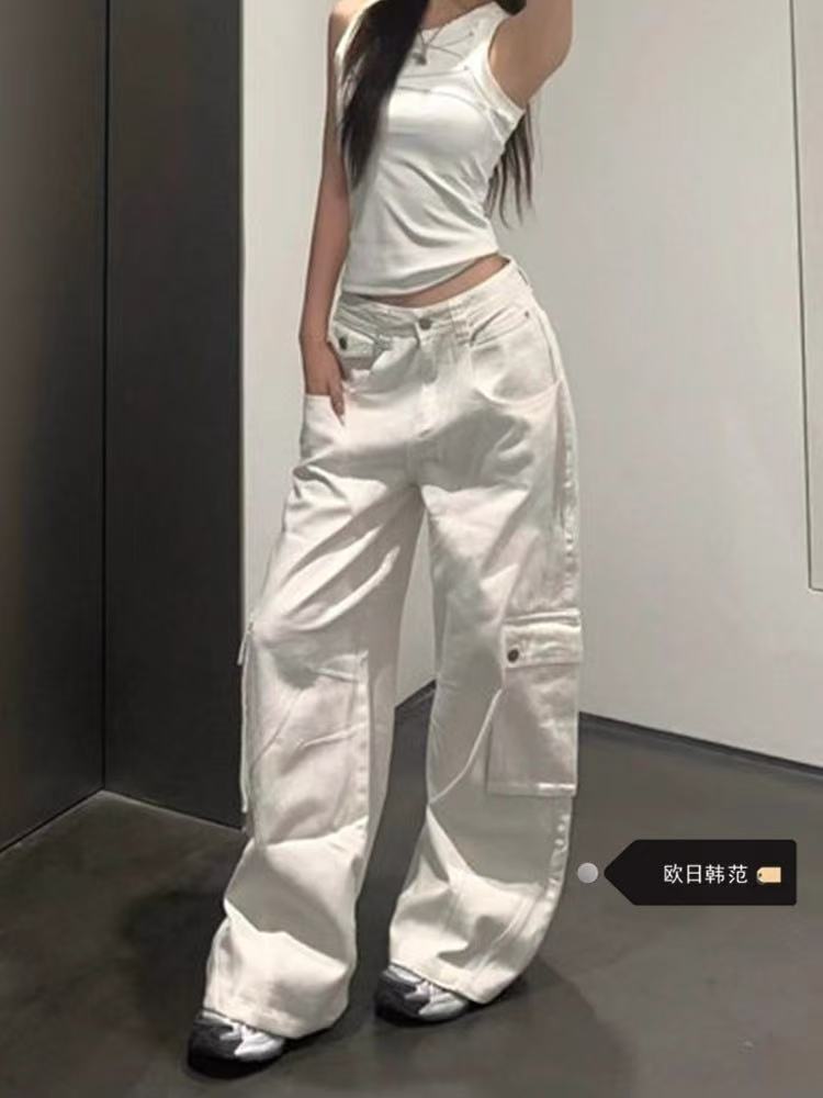 美式设计感小众白色工装高腰裤