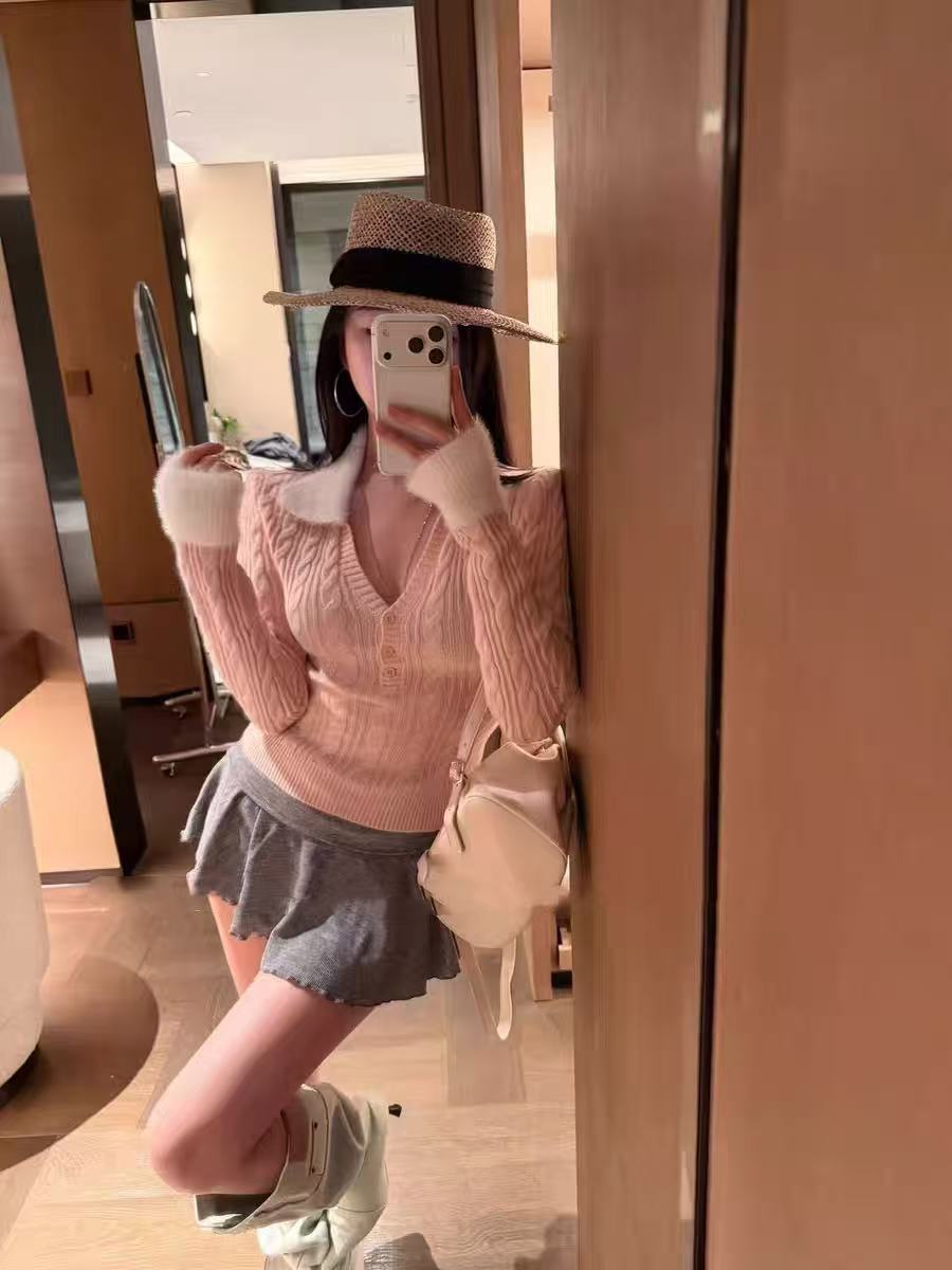 韩版冬季新款气质撞色毛领麻花毛衣女翻领修身显瘦短款针织衫