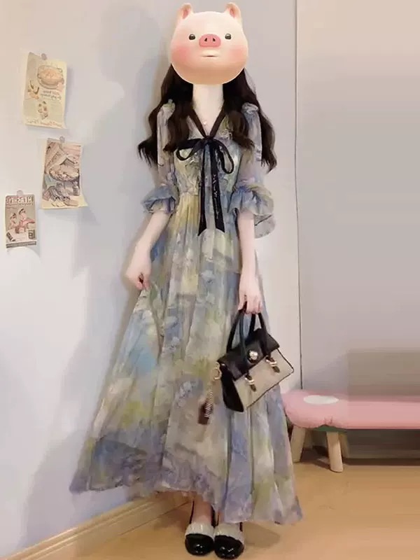 9079 大码女装夏季甜美法式显瘦复古度假风碎花连衣裙