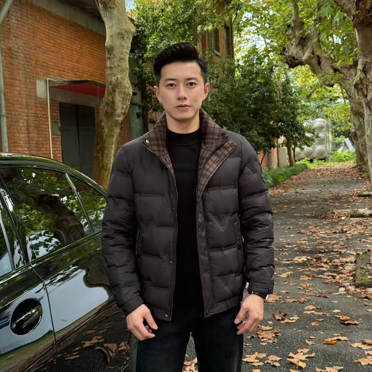 小杰/L-jie男士冬季气质拼格保暖大翻领羽绒夹克外套（0001）