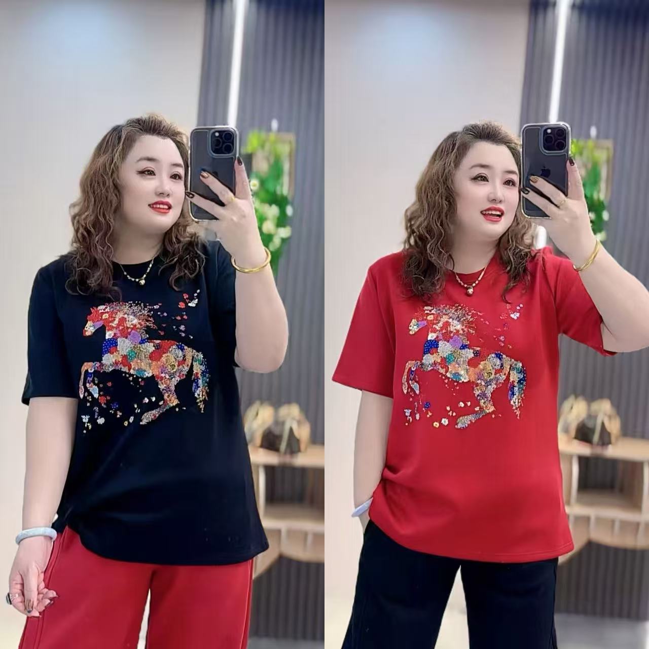   3756（ 丹姐家）冬新款休闲小马刺绣百搭加厚短袖圆领T恤上衣服