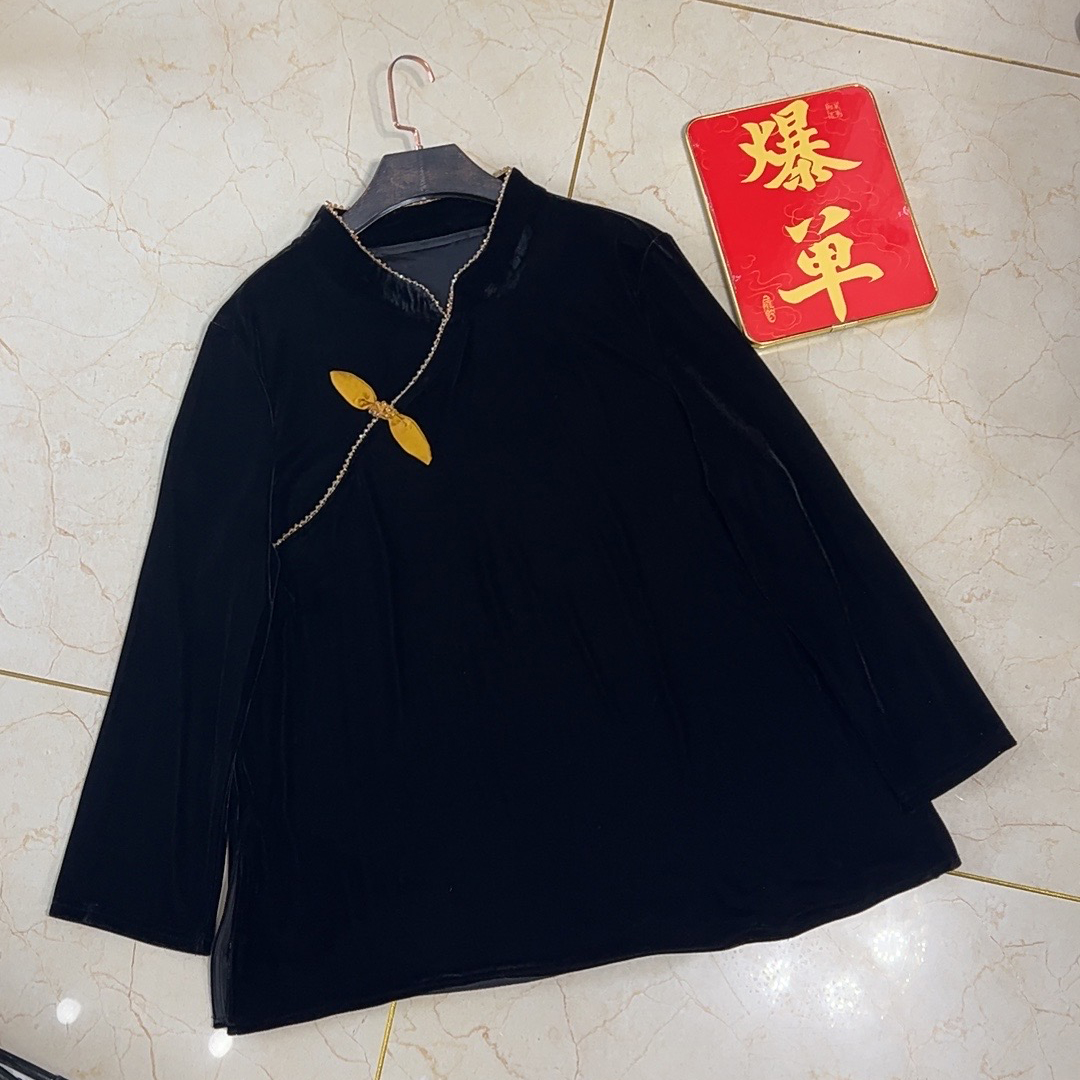 大聪新中式重工小立领套头丝绒打底衫胖妹妹宽松200斤上衣1208