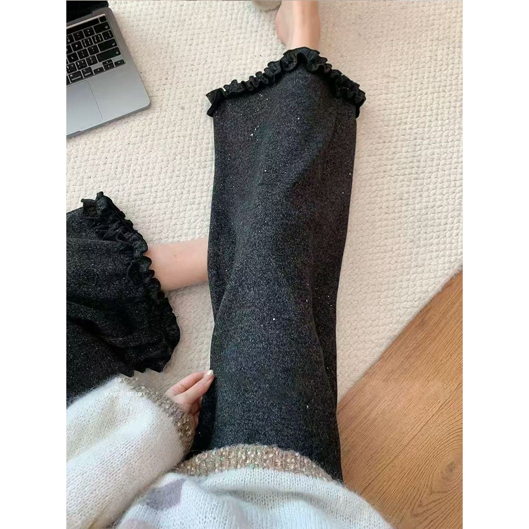 【小田同款&星辰木耳边阔腿裤】星辰碎闪木耳花边阔腿休闲裤325