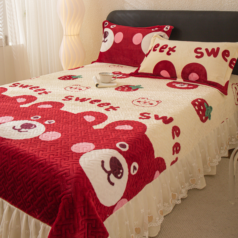 加棉加厚牛奶绒床盖通用尺寸亲肤柔软防静电保暖锁温双层大花边