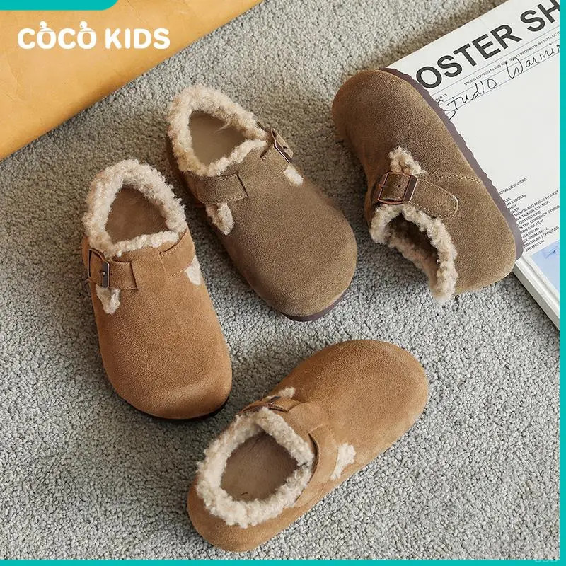 女童真皮勃肯鞋加绒儿童鞋子2025冬季新款小女孩二棉鞋秋冬毛毛鞋
