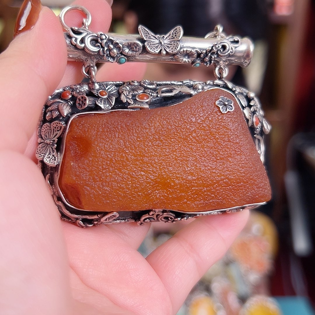 琥珀银S925镶嵌颈饰国风