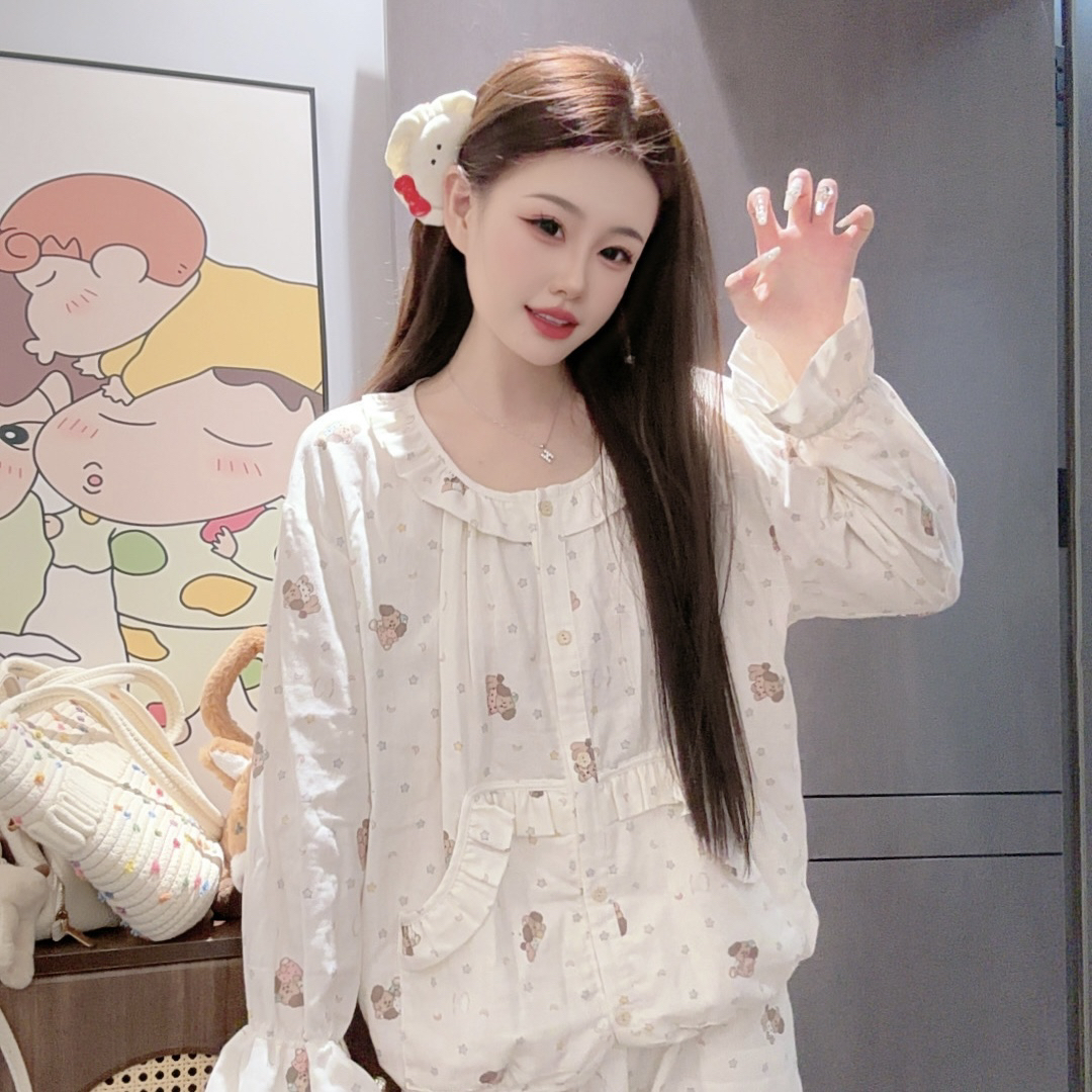 （晚安小狗）秋季休闲可爱圆领纯棉长袖家居服睡衣女可外穿显瘦透气