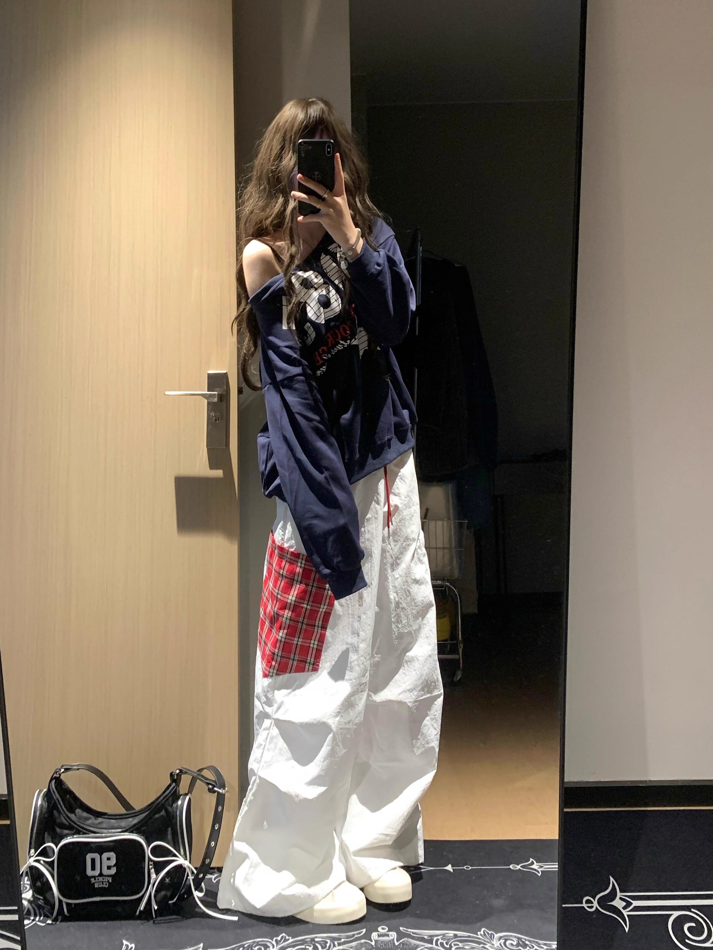 美式复古格子拼接抽绳撞色大口袋工装伞兵裤女秋季褶皱宽松阔腿裤