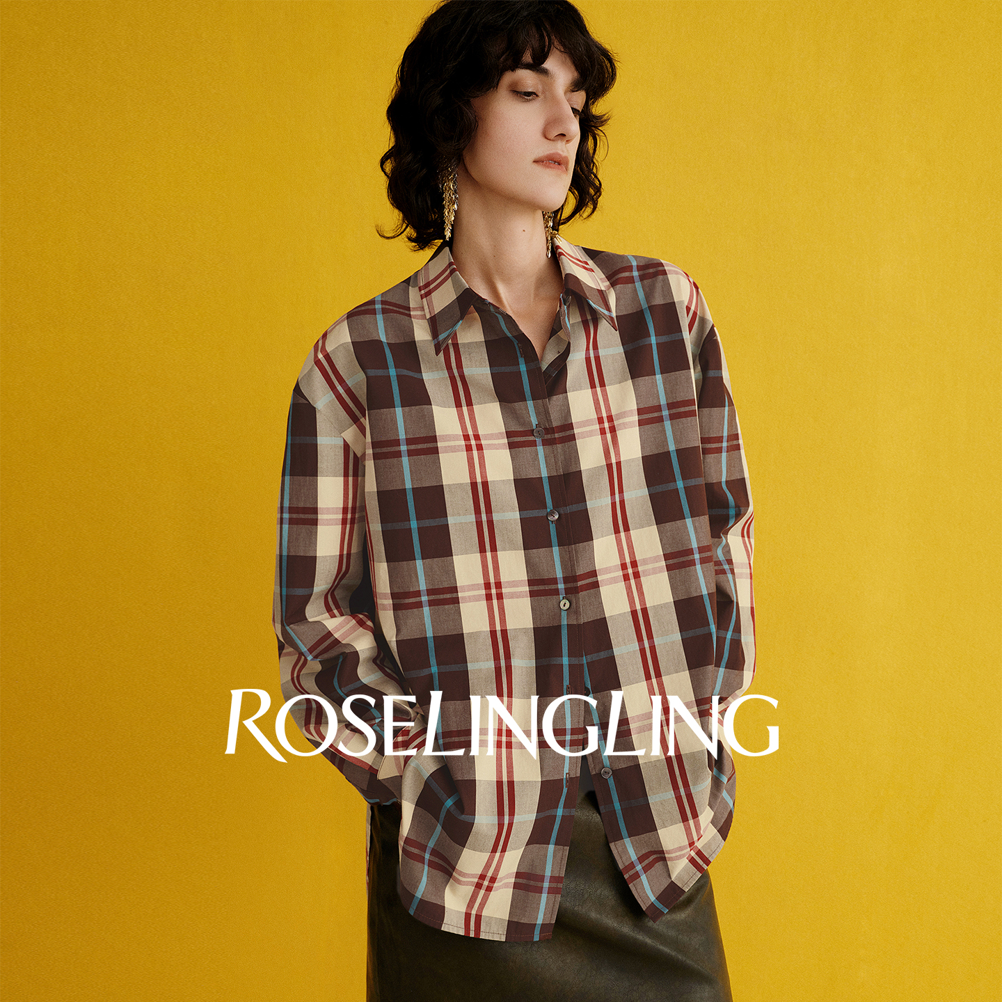 ROSELINGLING艺术经典格纹 莱赛尔棉/平纹色纺格子料翻领宽松衬衫