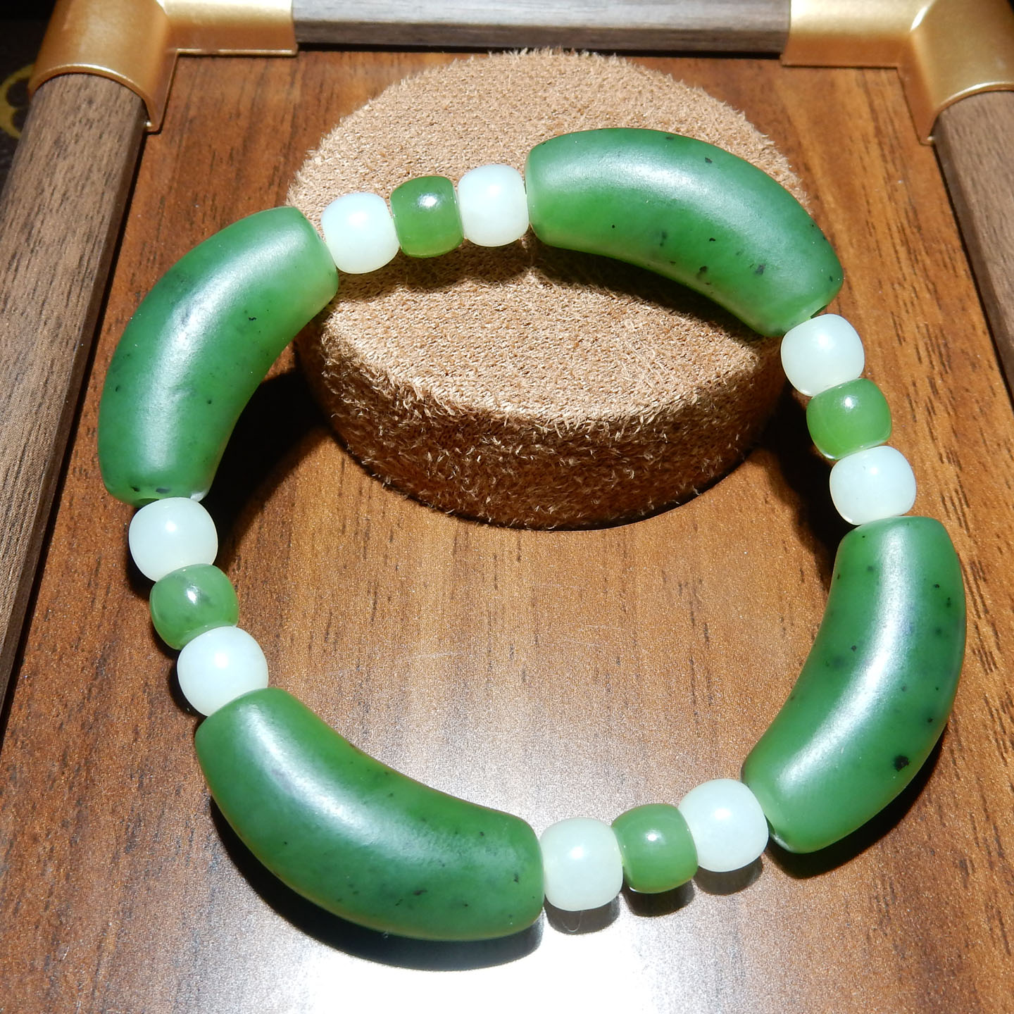 【和田玉碧玉籽玉手串】微笑弯管多宝款 浓绿油润男女手饰