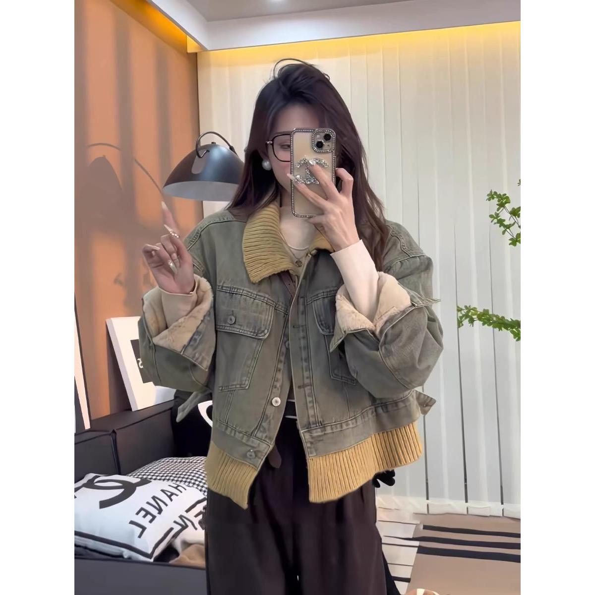 毛绒加厚牛仔棉服外套女2025秋冬小个子复古短款加绒保暖夹克上衣