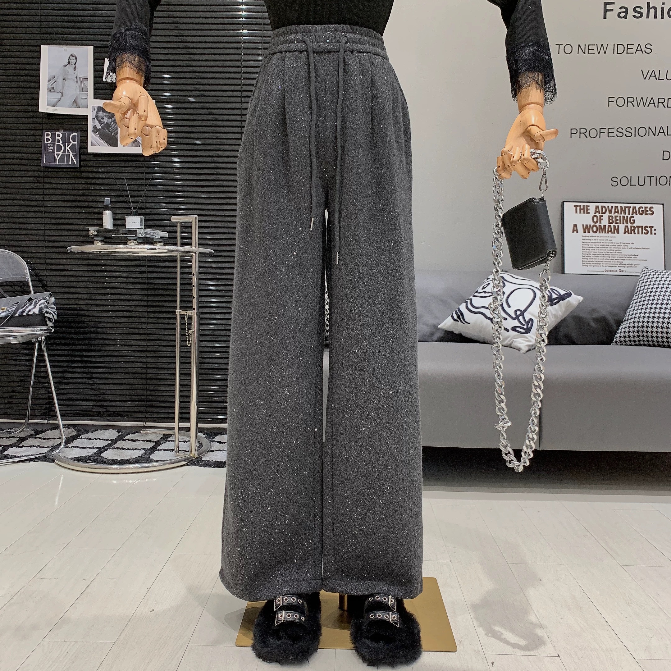 【山羊绒】春季新款时尚松紧腰抽绳设计感亮闪闪满天星显瘦星空裤