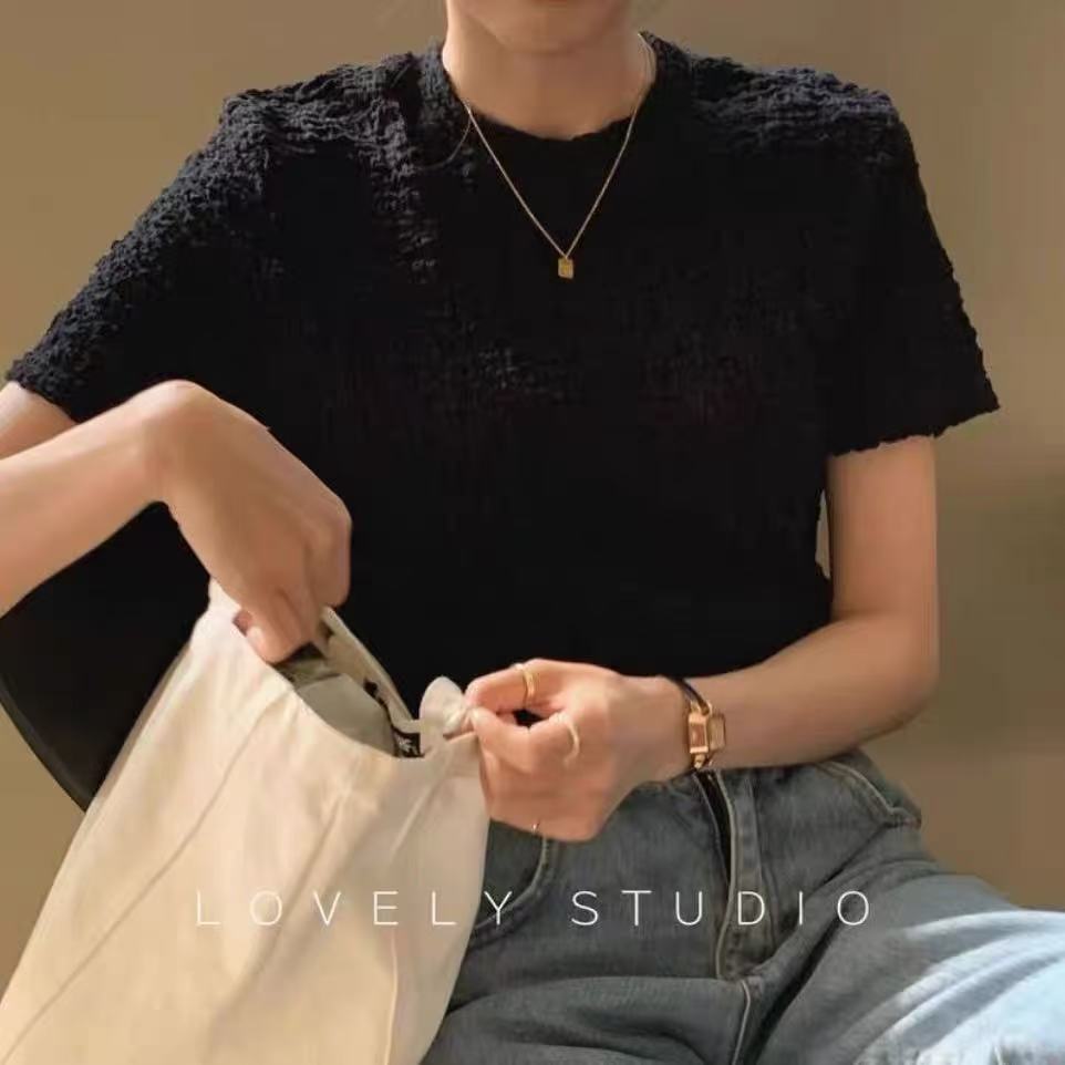 523/6671/19-9   设计感皱褶通勤圆领短袖T恤上衣女
