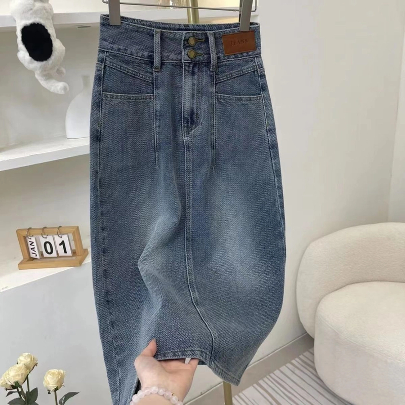 【现货+运费险】复古蓝星空纹牛仔半身裙女2025高腰显瘦后开叉a字裙