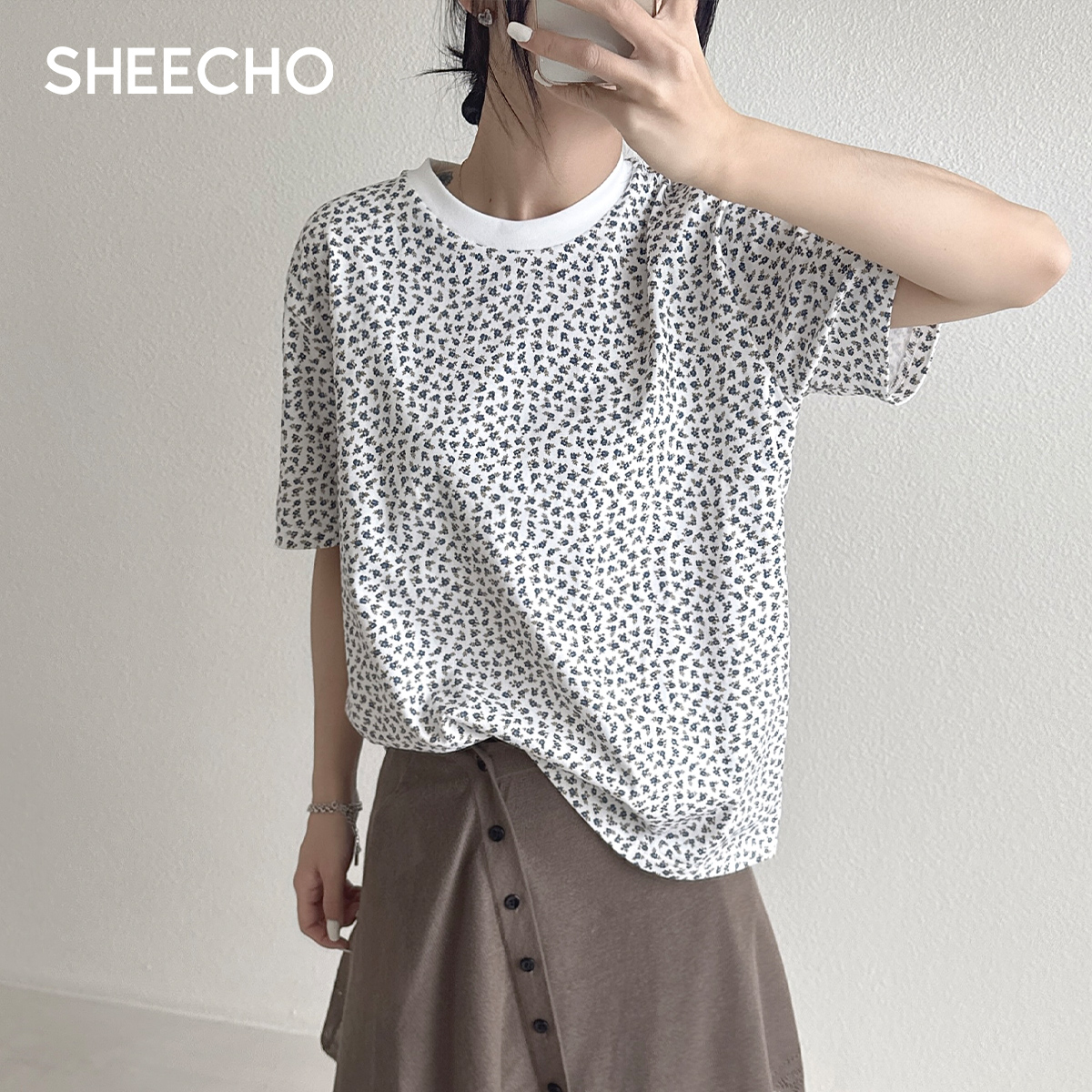 COEMES设计师品牌25春夏SS圆领包边碎花短袖T恤女上衣SHEECHO