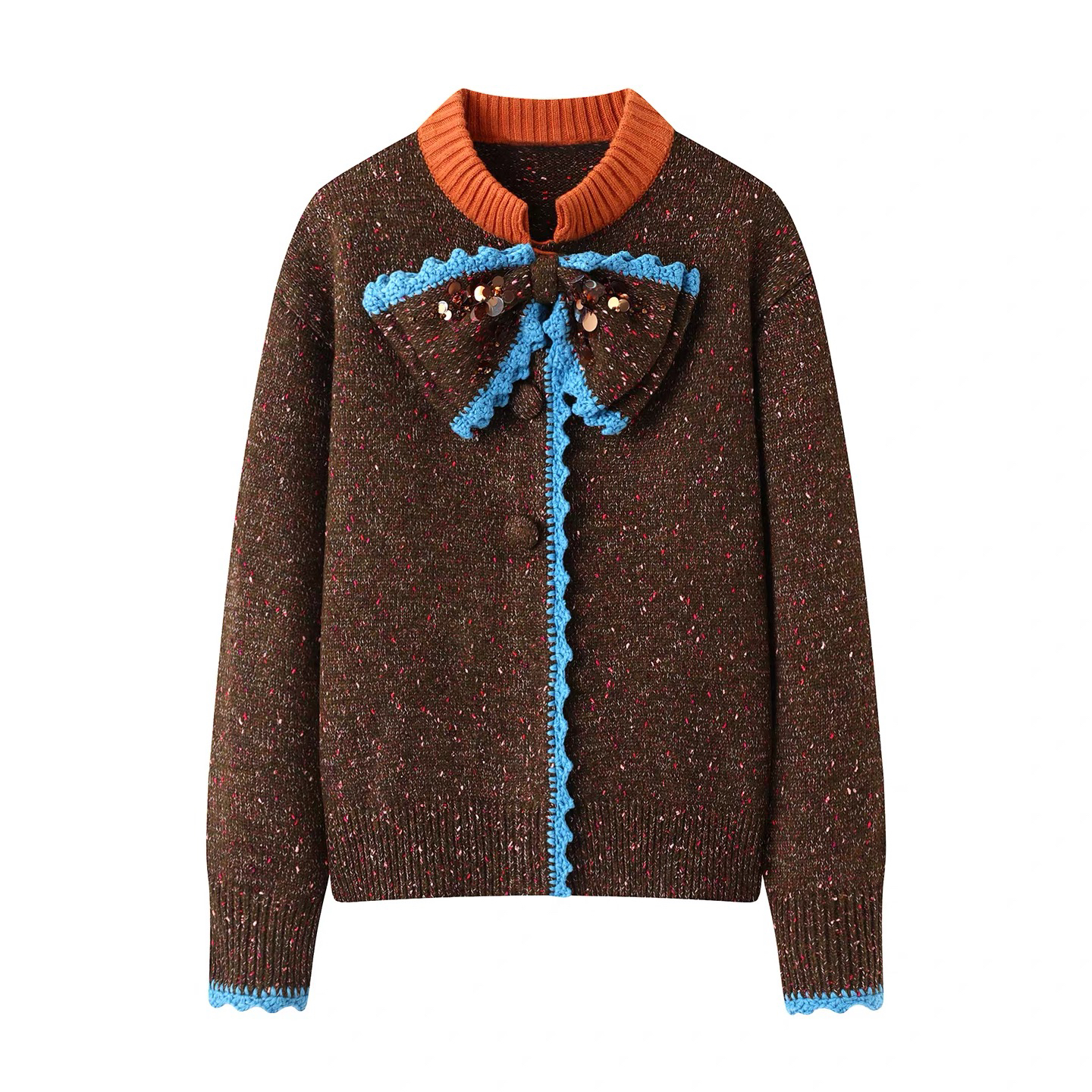 欧洲站欧货南油小众秋冬设计感复古撞色廓形蝴蝶结开衫女毛衣外套