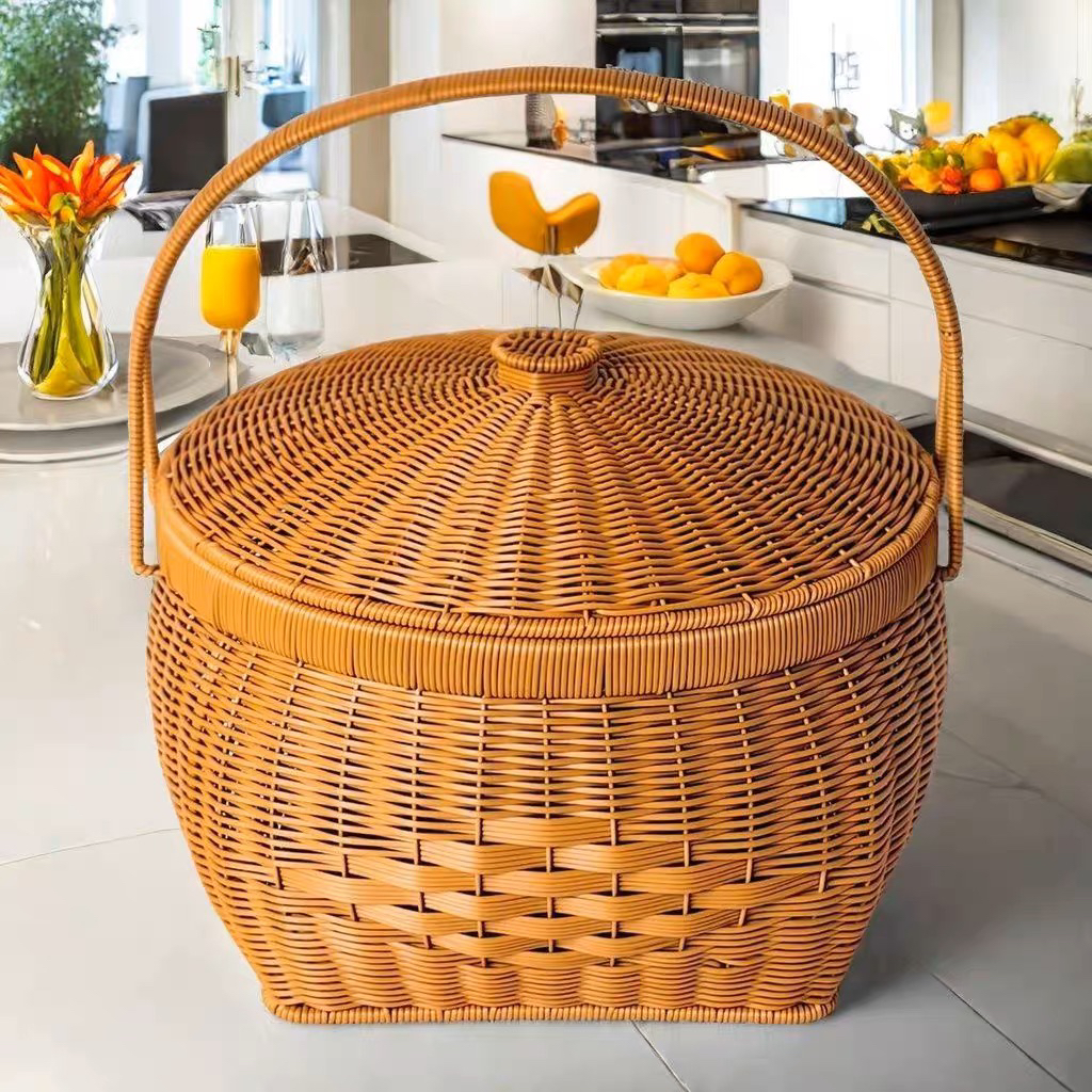 高档大容量拜拜蓝中式手提手工编织篮拜神篮仿藤编织篮直径38*H24