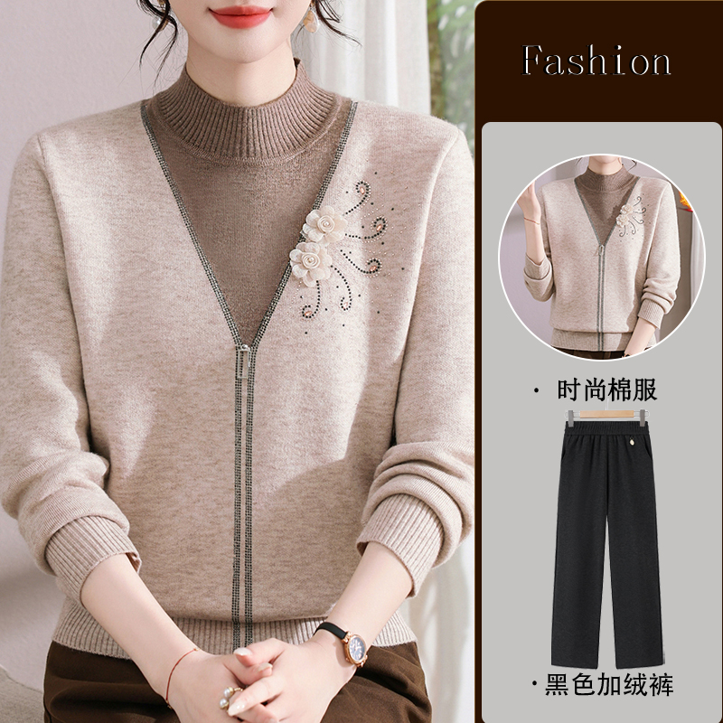 妈妈秋冬装一体绒毛衣女保暖内搭上衣中老年轻时尚加绒加厚打底衫