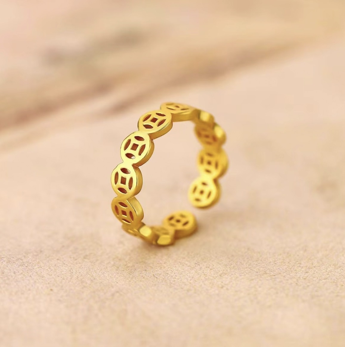 戒指 黄色经典古法开口钱多多戒指 -A122