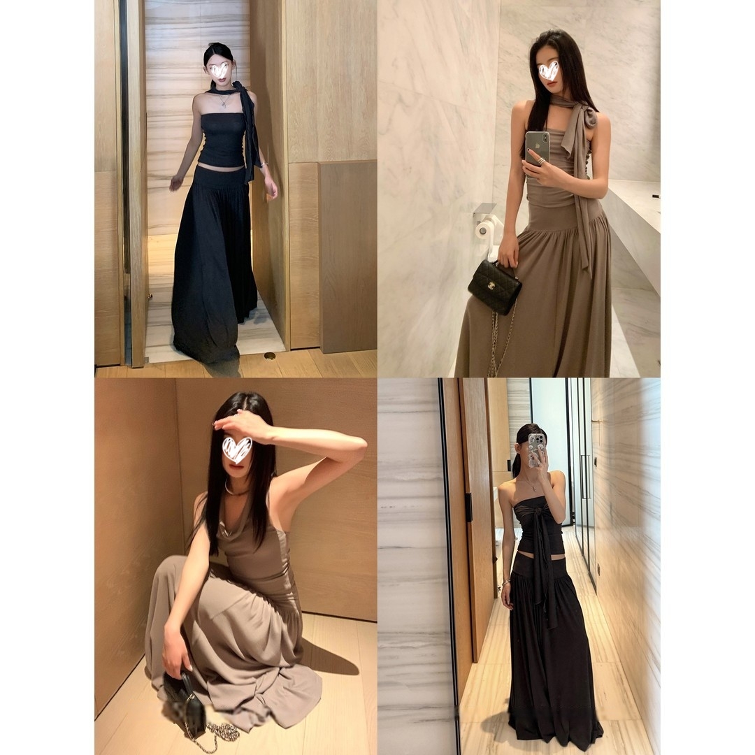 多种穿搭斜肩半裙套装女夏高腰时尚复古法式韩系休闲两件套21093