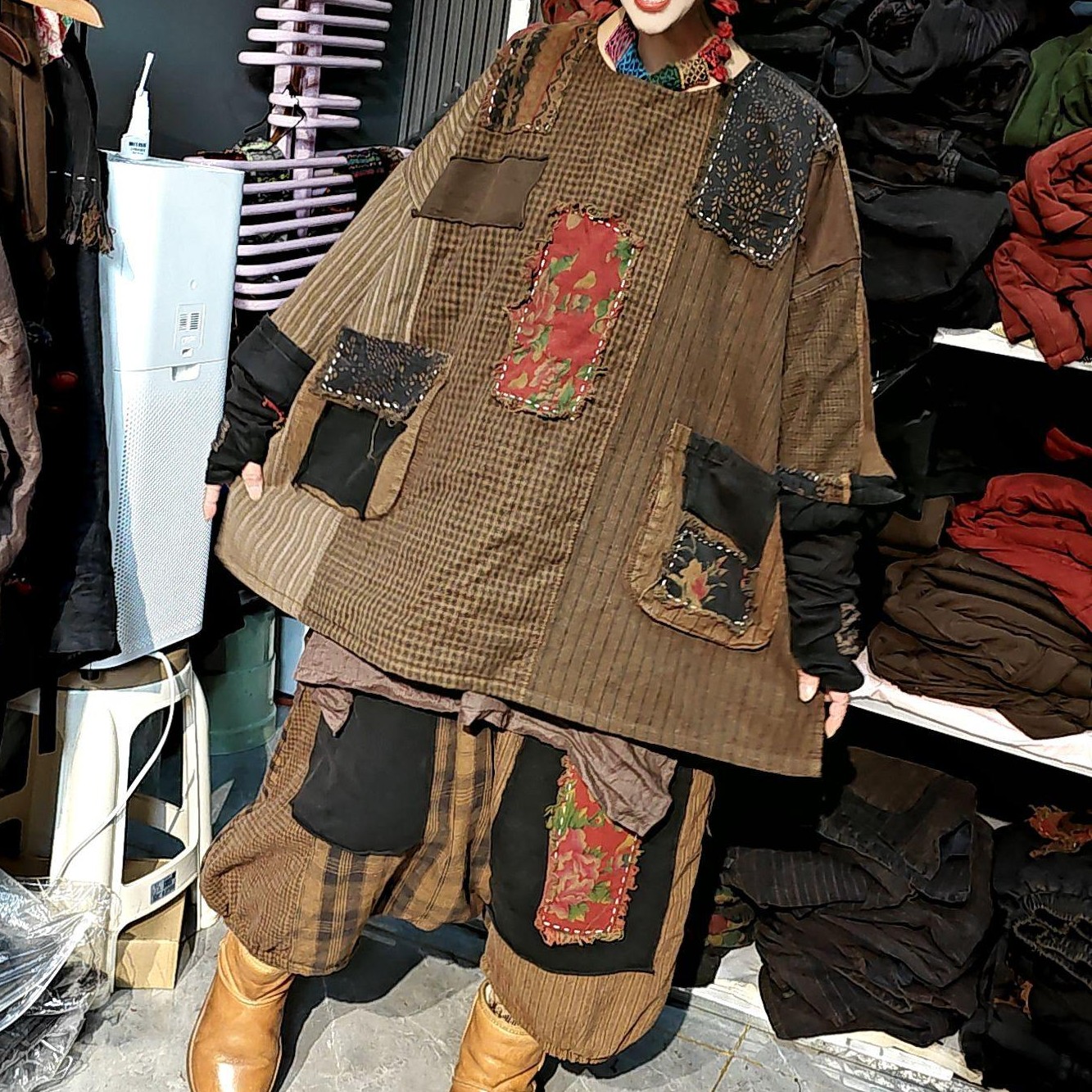 无吊牌做旧黄老布贴黑补丁圆领棉服，条纹色随机发介意勿拍