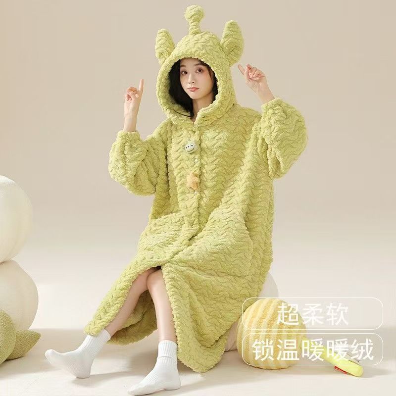 2025柔软女长袖厚款冬季秋冬睡袍家居服睡裙长款加厚锁温