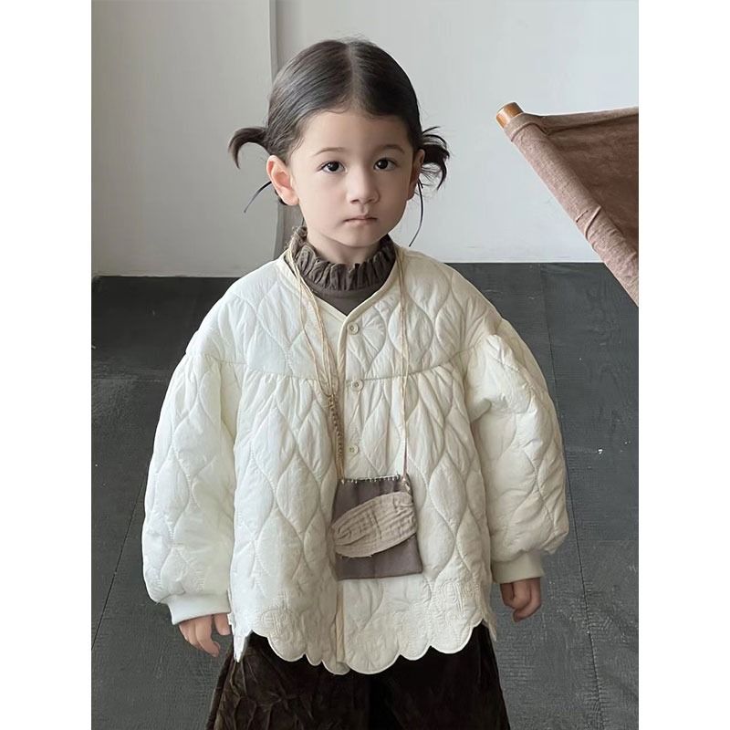 韩系童装女童棉服新款秋冬儿童白色上衣宝宝时髦百搭花边外套