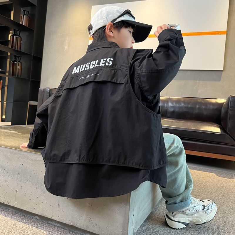 男童外套假两件春秋款2025新款儿童中大童装韩版宽松百搭工装上衣