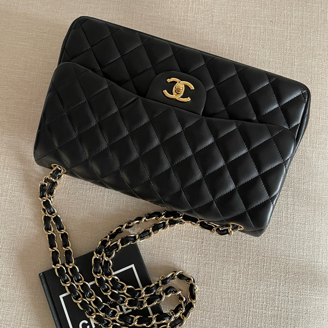 95新 Chanel/香奈儿 Chanel黑金菱格双盖jumbo斜挎包16开