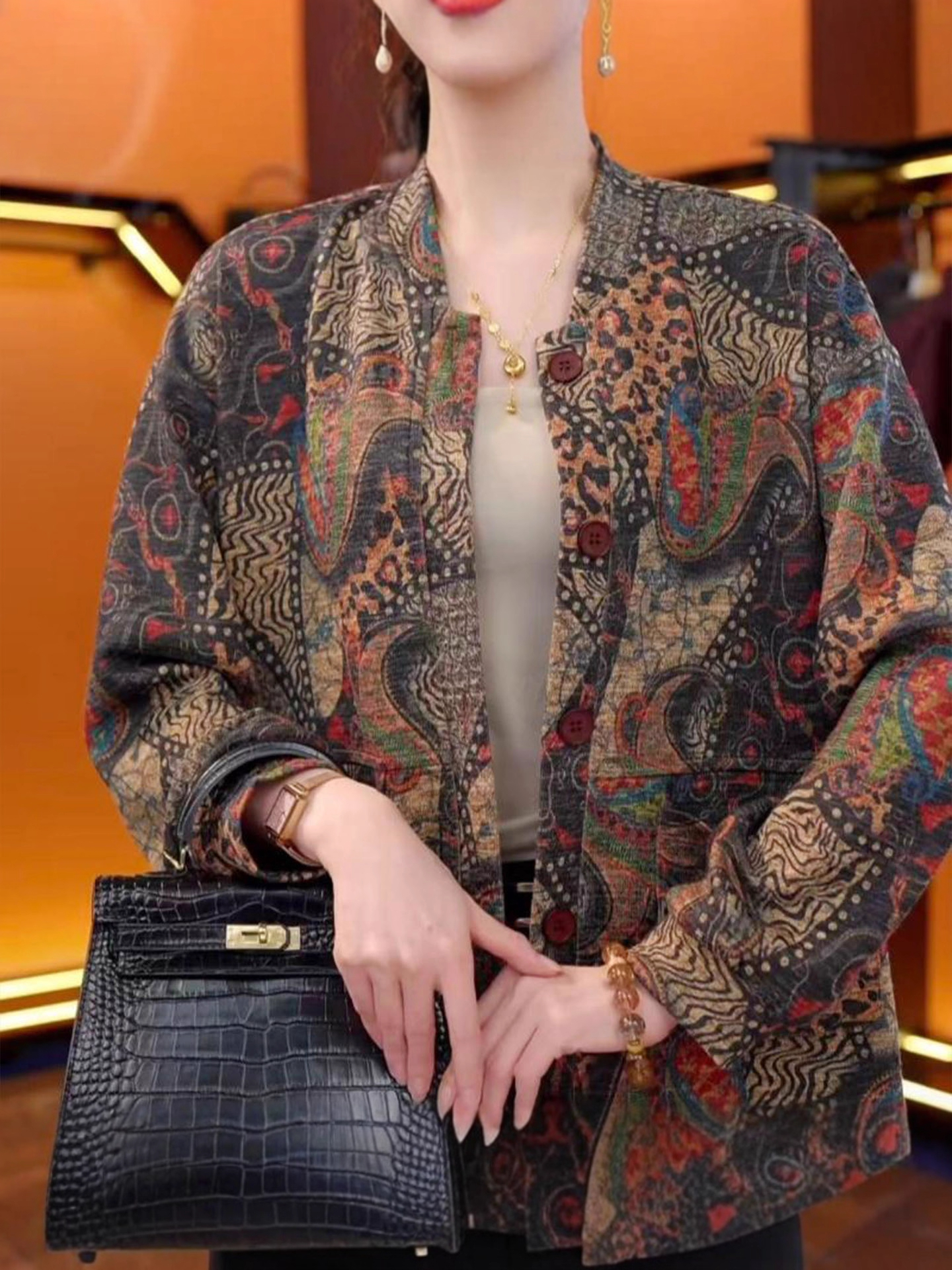 气质优雅女装印花百搭宽松外套G秋季新款时尚妈妈装休闲遮肉衬衫