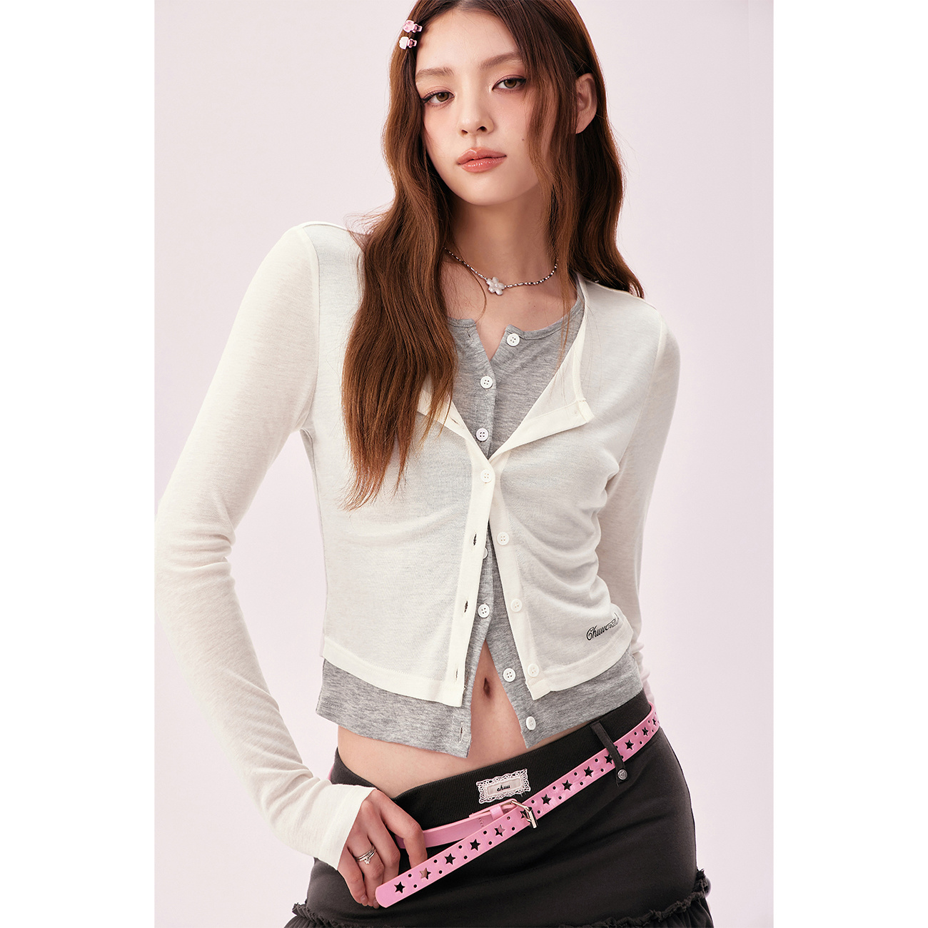 CHUU秋季女装字母印花设计假两件百搭拼接撞色修身百搭外套