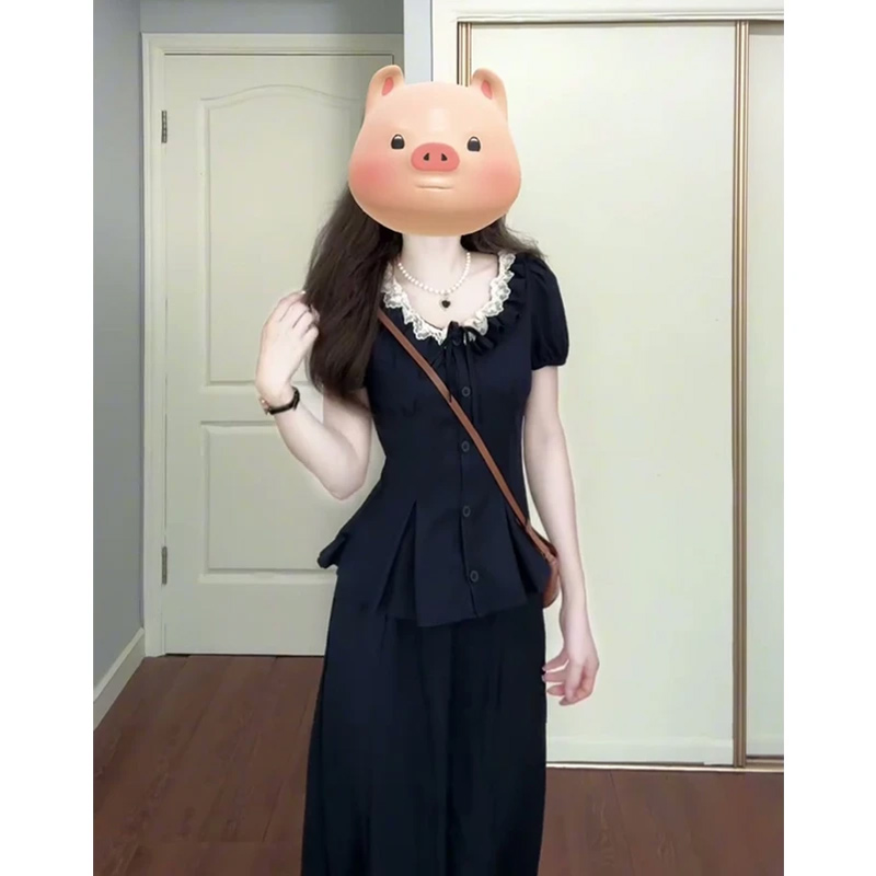 2025夏季新款法式设计感蕾丝系带短袖褶皱裙摆上衣高腰显瘦半身裙