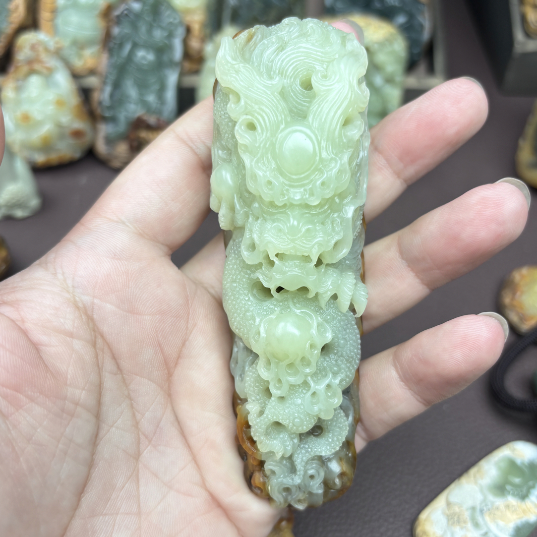 黄白河磨玉全壳龙手把