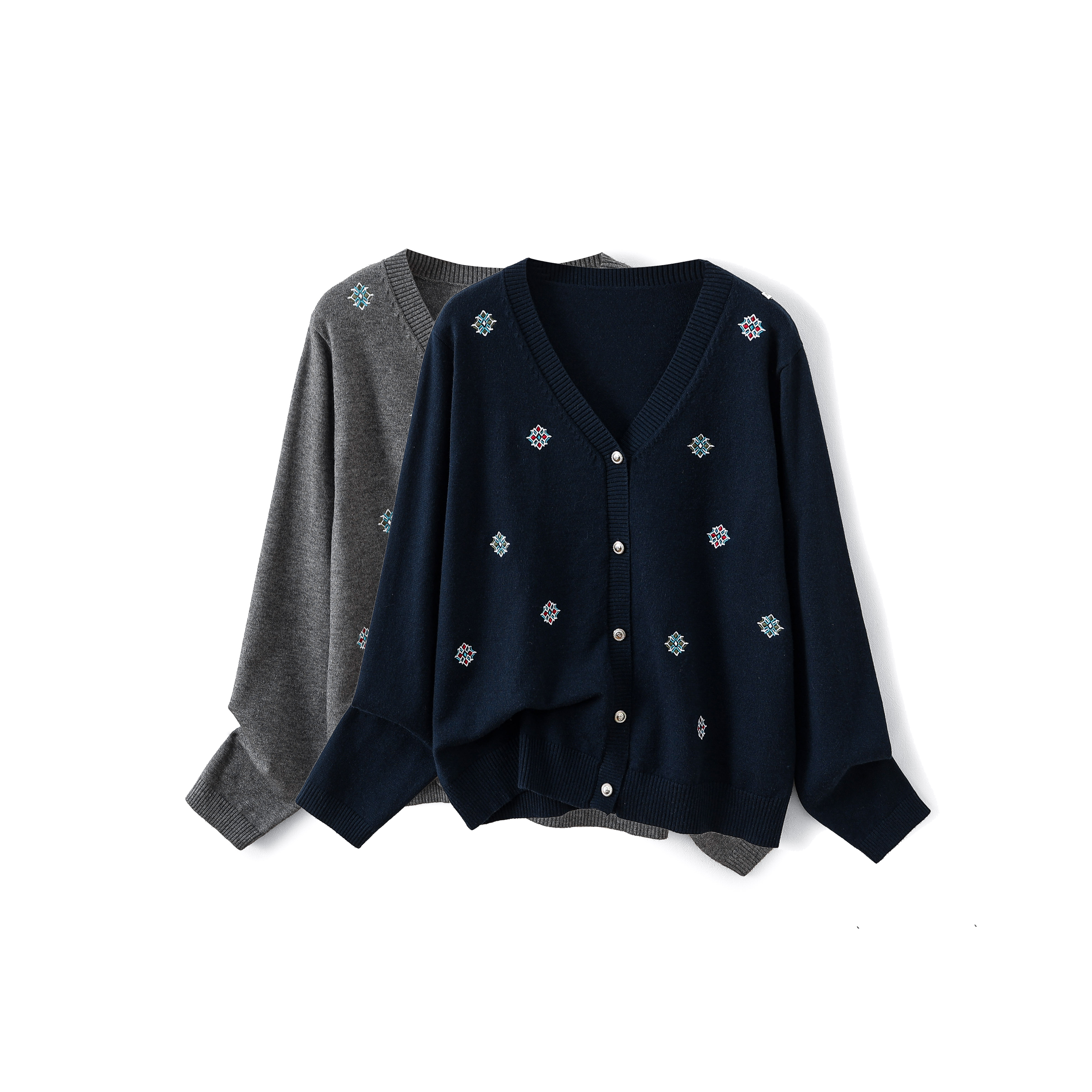 2025大码女装秋冬新款时尚撞色四叶草提花V领长袖针织开衫3605