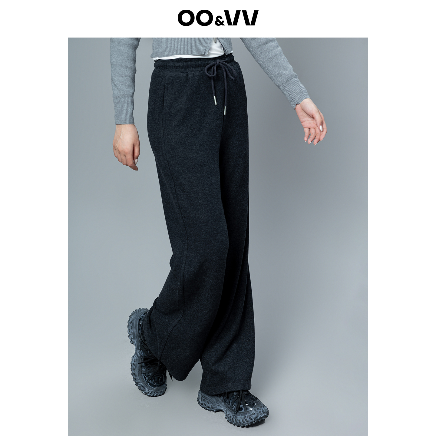 OO&VV2025秋新款高腰显瘦直筒裤女百搭宽松休闲系带阔腿长裤子