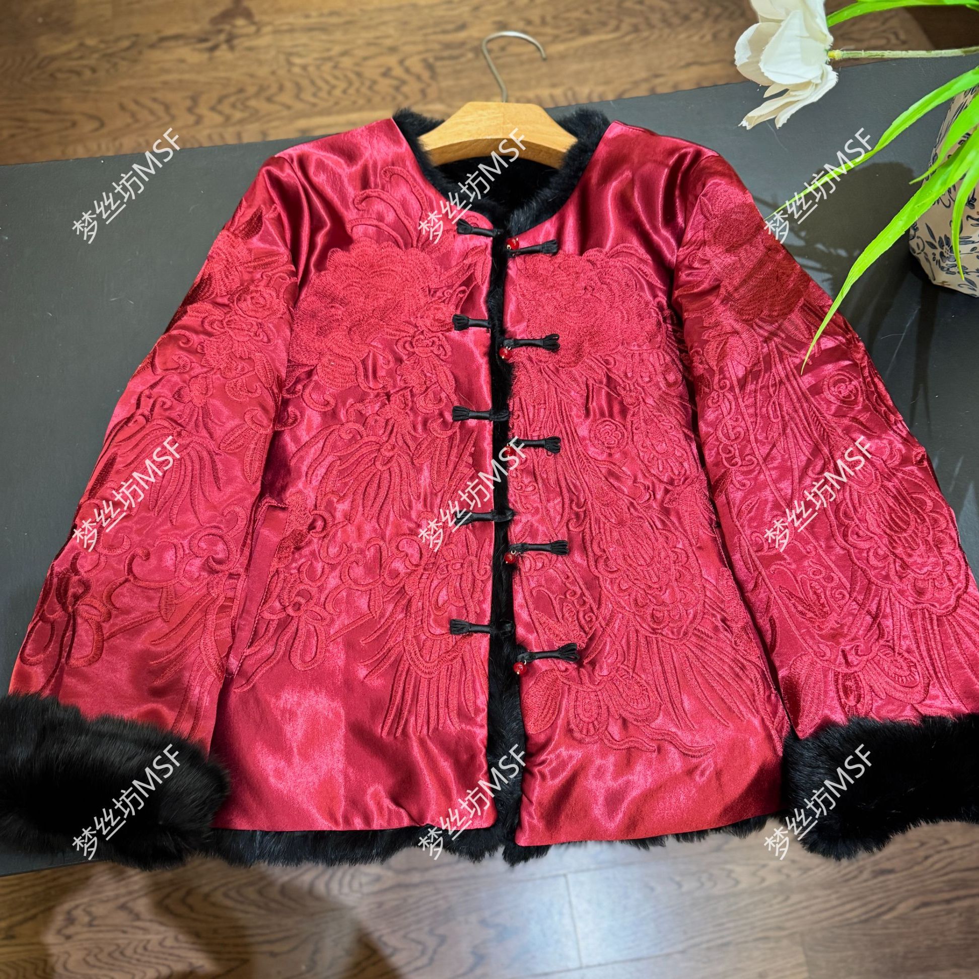 新中式国风女装短外套2025冬季新款兔毛皮草高级感红色双面双穿