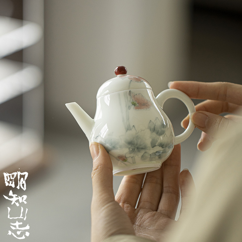 明知山志 玉泥手绘茶壶 功夫茶具陶瓷白瓷泡茶手执壶 步步生莲壶
