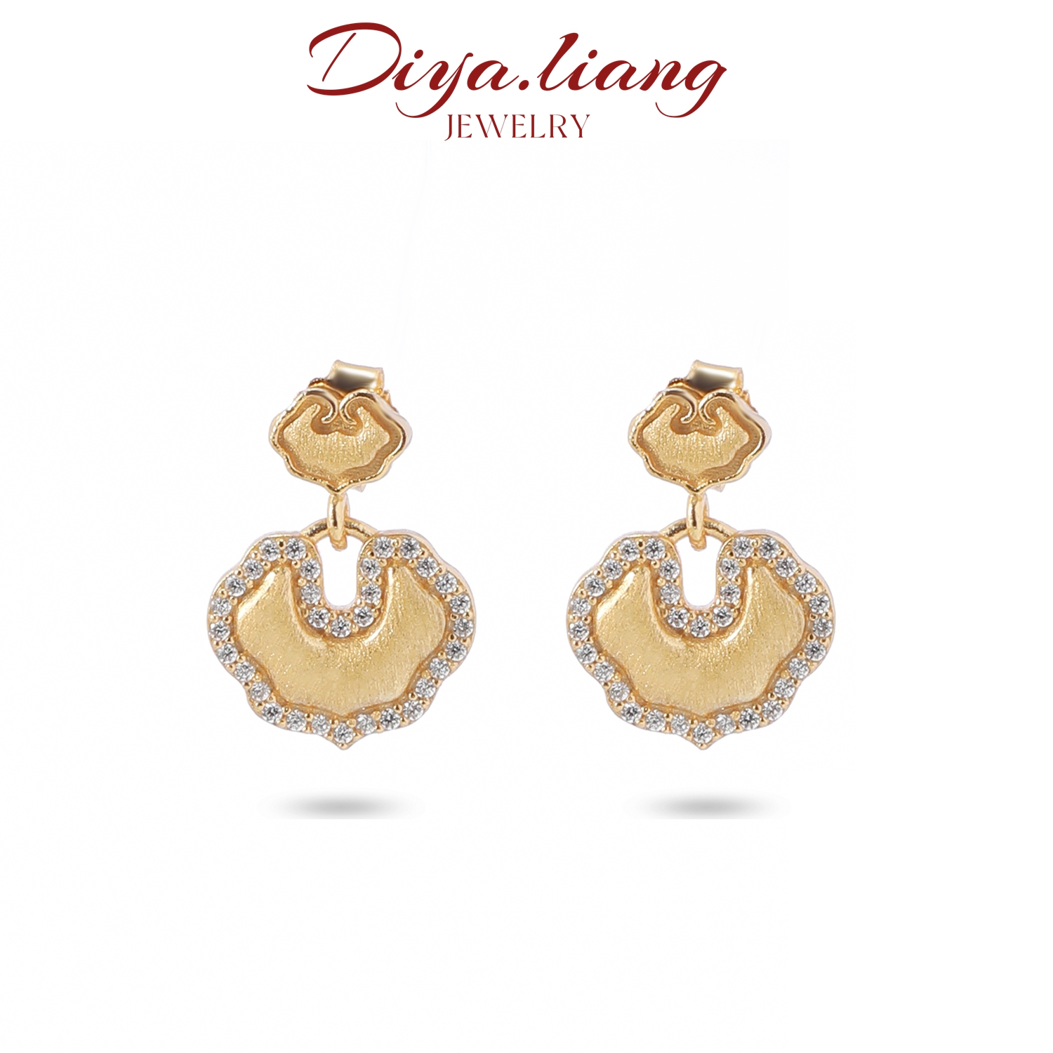 925银耳饰 梁雅帝新品【如意锁】新中式祥云福禄丝绒金色纯银耳饰