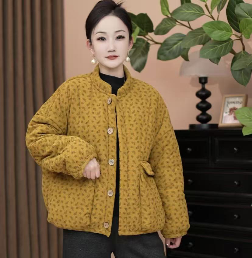 新款冬季百搭时尚大口袋印花减龄单排扣拼接保暖棉衣外套