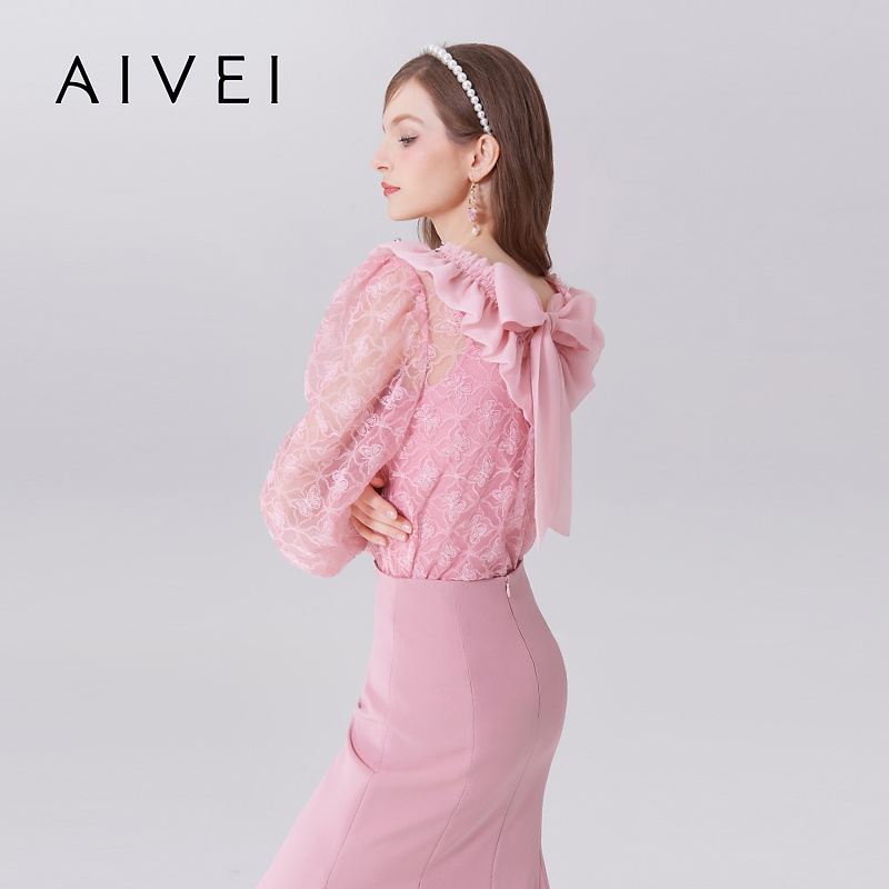 【陈大可专属】AIVEI秋甜妹绣花蕾丝镂空针织上衣两件套Q0560155