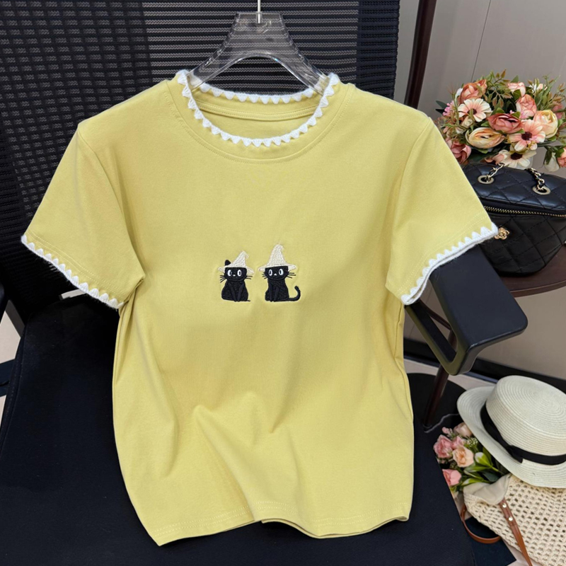 重工刺绣T恤女夏季正肩短袖2025超火卡通趣味体恤撞色上衣潮