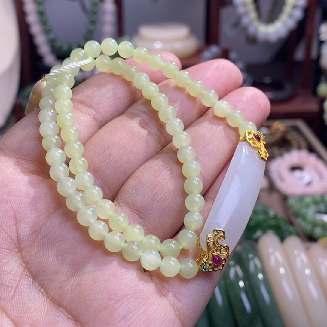 和田玉黄口老矿料高冰两圈圆珠手链6m未镶嵌