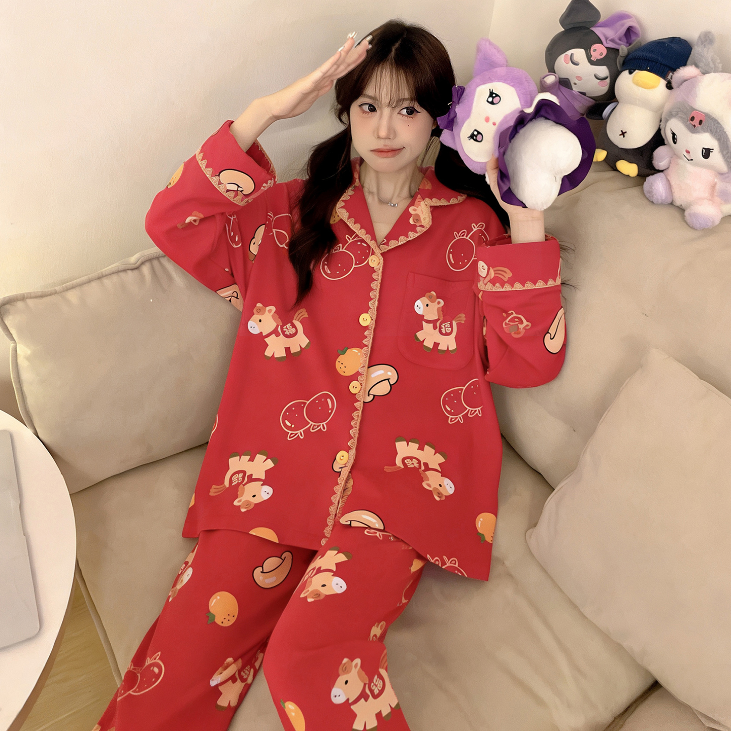 bejirog/北极绒可爱风少女新春款纯棉翻领长袖长裤居家睡衣两件套