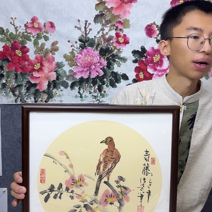 国画纯手绘国画春藤小鸟图【41*41】送框