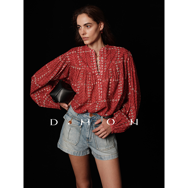 DMON|时髦复古“夏日画廊”浪漫印花度假感红色长袖衬衫A2504185