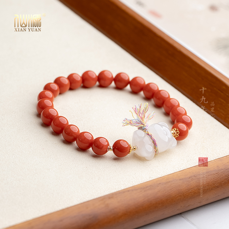 【18k】南红7mm柿子红+和田玉可爱小熊单圈手串国潮文玩手串