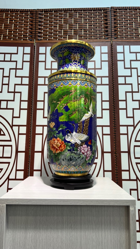 精品高端紫铜手工胎鎏金掐丝珐琅松鹤延年花瓶总高56厘米宽21厘米