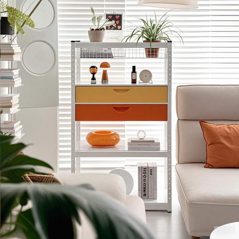 白色置物架加混色抽屉网筐高颜值多层落地多巴胺家用整理收纳柜子